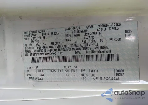 2010 Ford E-350 Super Duty Xl/Xlt из США, поврежденный, VIN 1FBSS3BL8ADA01178